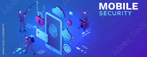 Fototapeta Naklejka Na Ścianę i Meble -  Mobile security concept, data protection, cyber crime, 3d isometric vector illustration, fingerprint, phishing scam, information protection,  smartphone safety and security