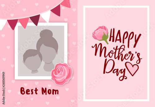 Happy mother's day greeting card design, with photo frame for uploading picture, photo. Vector background with flowers and hearts. Mother's day lettering calligraphic emblem