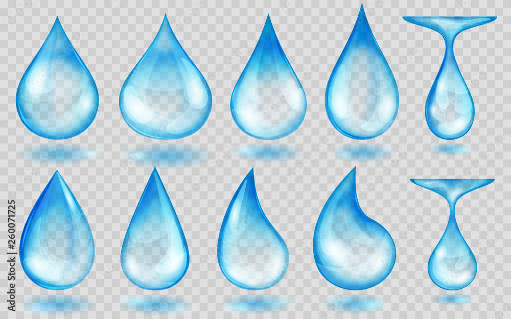 Set of translucent water drops in light blue colors in various shapes, isolated on transparent background. Transparency only in vector format