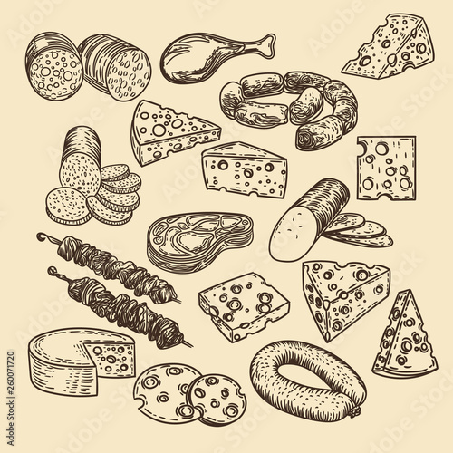 Hand drawn set of cheeses and meat products.