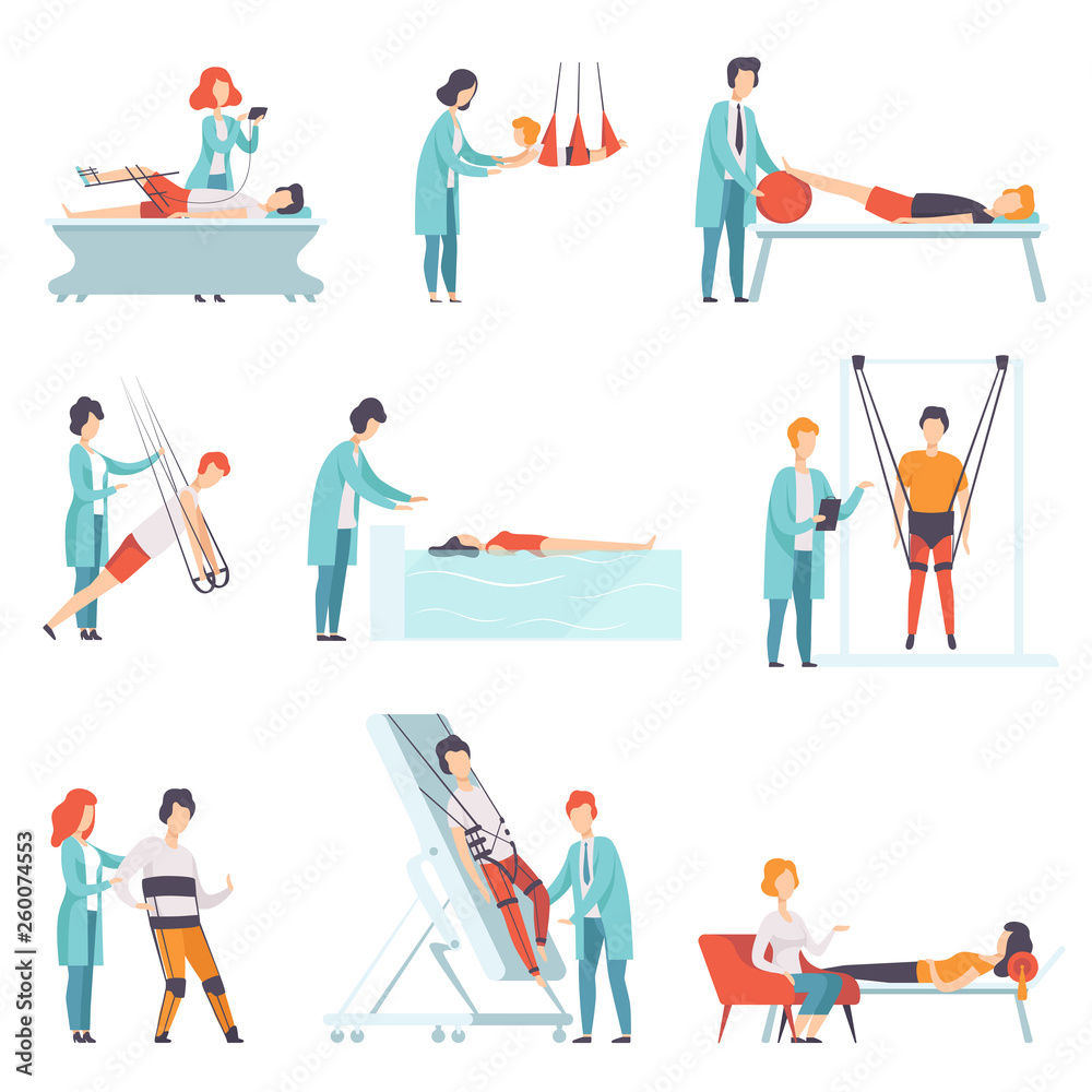 Flat vector set of people doing rehabilitation exercises with their doctors. Clinic of physiotherapy. Patients with disabilities