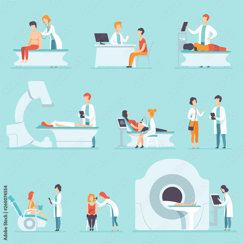 Flat vector set of people on medical check-up at hospital. Doctors examining their patient's. Treatment and healthcare theme Flat vector set of people on medical check-up at hospital. Doctors examining their patient's. Treatment and healthcare theme