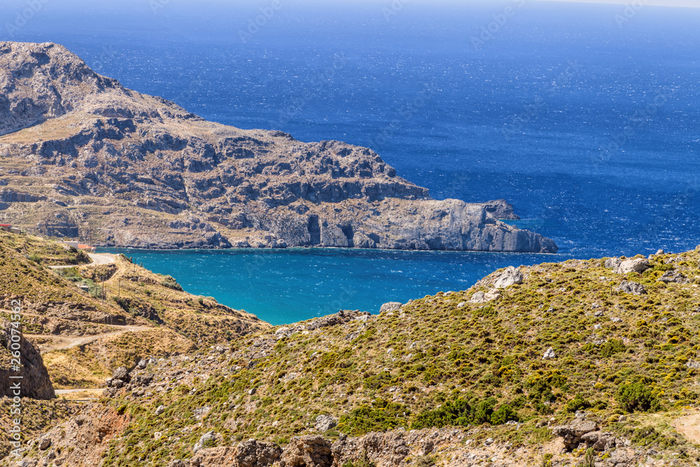 Beautiful view to cretan beaches from the top on Crete island, Greece