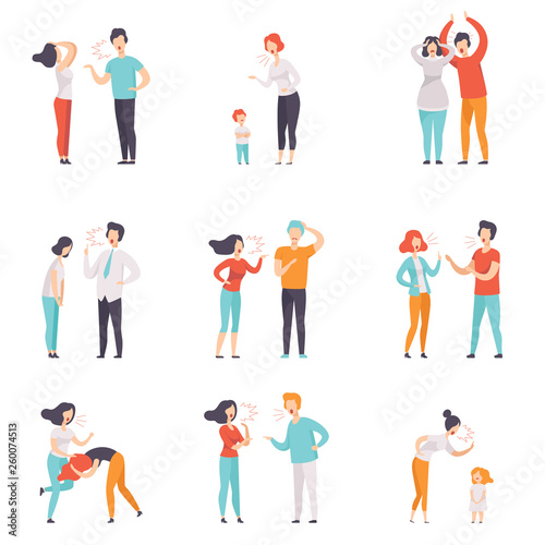 Flat vector set of quarreling people. Women and men loudly screaming at each other. Mothers scolding children. Negative emotions and conflicts
