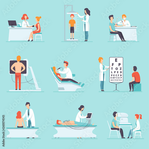 Flat vector set of people on medical examination. Doctors and patients. Professionals at work. Healthcare and treatment.