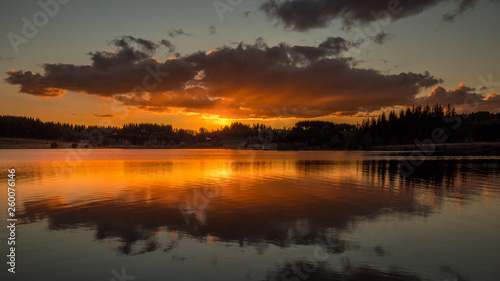 Sunset on the Devesset lake near Saint Agr  ve - Ard  che  France