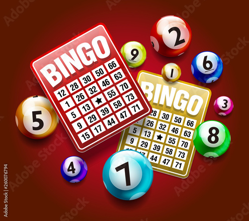 Vector Colorful Bingo Ball with Bingo Card isolated on Red Background