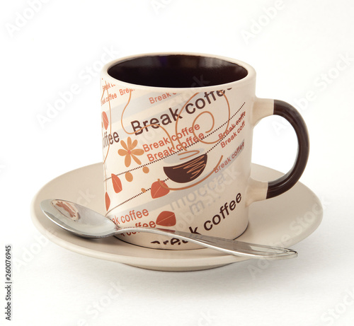 Coffee Cup with teaspoon on saucer on white background