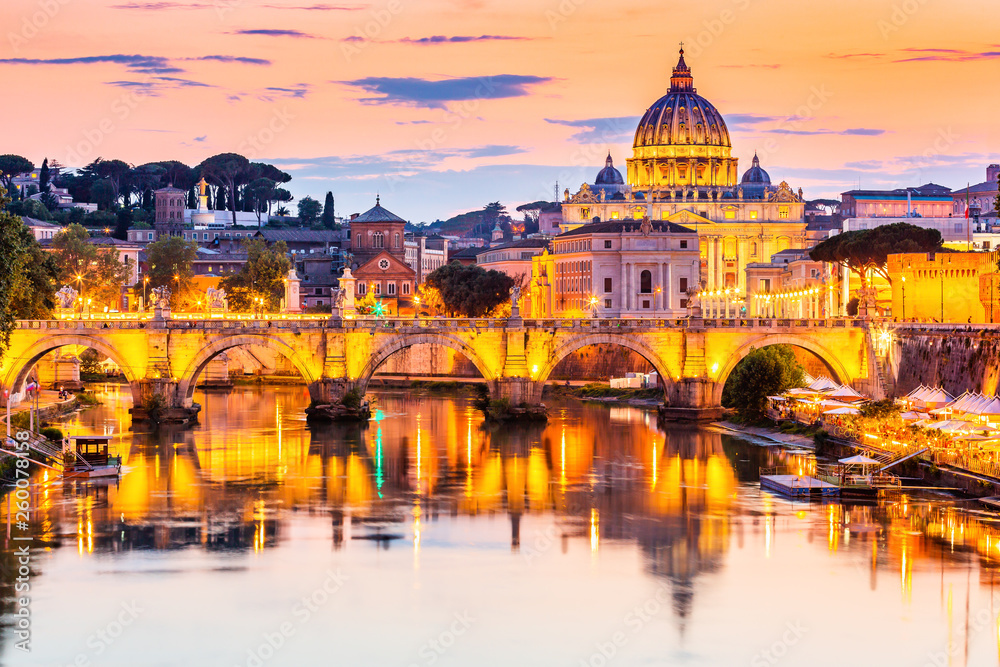 Vatican City. Saint Peter Basilica and Sant'Angelo Bridge, over Tiber river. Rome, Italy.