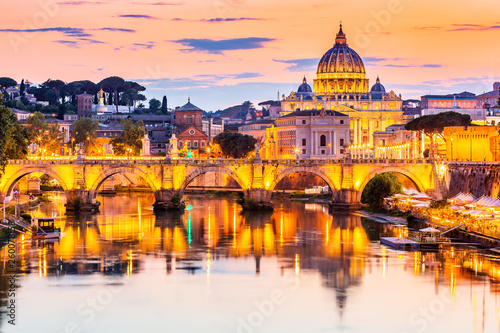 Vatican City. Saint Peter Basilica and Sant'Angelo Bridge, over Tiber river. Rome, Italy.