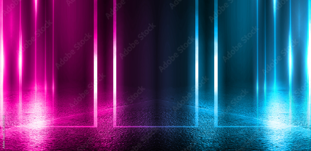 Empty background scene. Dark street, a reflection of blue and pink neon light on wet pavement. Rays of light in the dark, smoke. Night view of the street, the city. Abstract dark background. Empty background scene. Dark street, a reflection of blue and pink neon light on wet pavement. Rays of light in the dark, smoke. Night view of the street, the city. Abstract dark background.