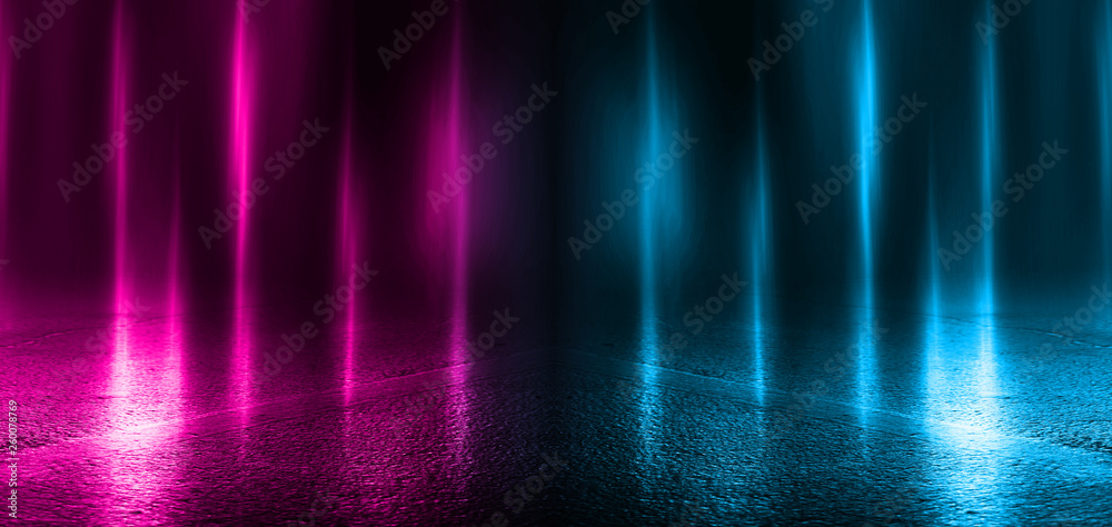 Empty background scene. Dark street, a reflection of blue and pink neon light on wet pavement. Rays of light in the dark, smoke. Night view of the street, the city. Abstract dark background. Empty background scene. Dark street, a reflection of blue and pink neon light on wet pavement. Rays of light in the dark, smoke. Night view of the street, the city. Abstract dark background.