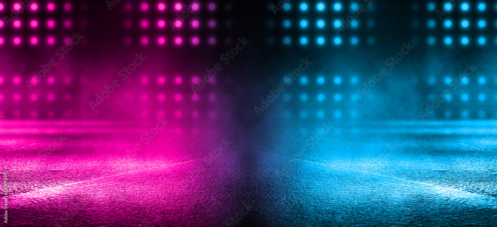 Empty background scene. Dark street, a reflection of blue and pink neon light on wet pavement. Rays of light in the dark, smoke. Night view of the street, the city. Abstract dark background. Empty background scene. Dark street, a reflection of blue and pink neon light on wet pavement. Rays of light in the dark, smoke. Night view of the street, the city. Abstract dark background.
