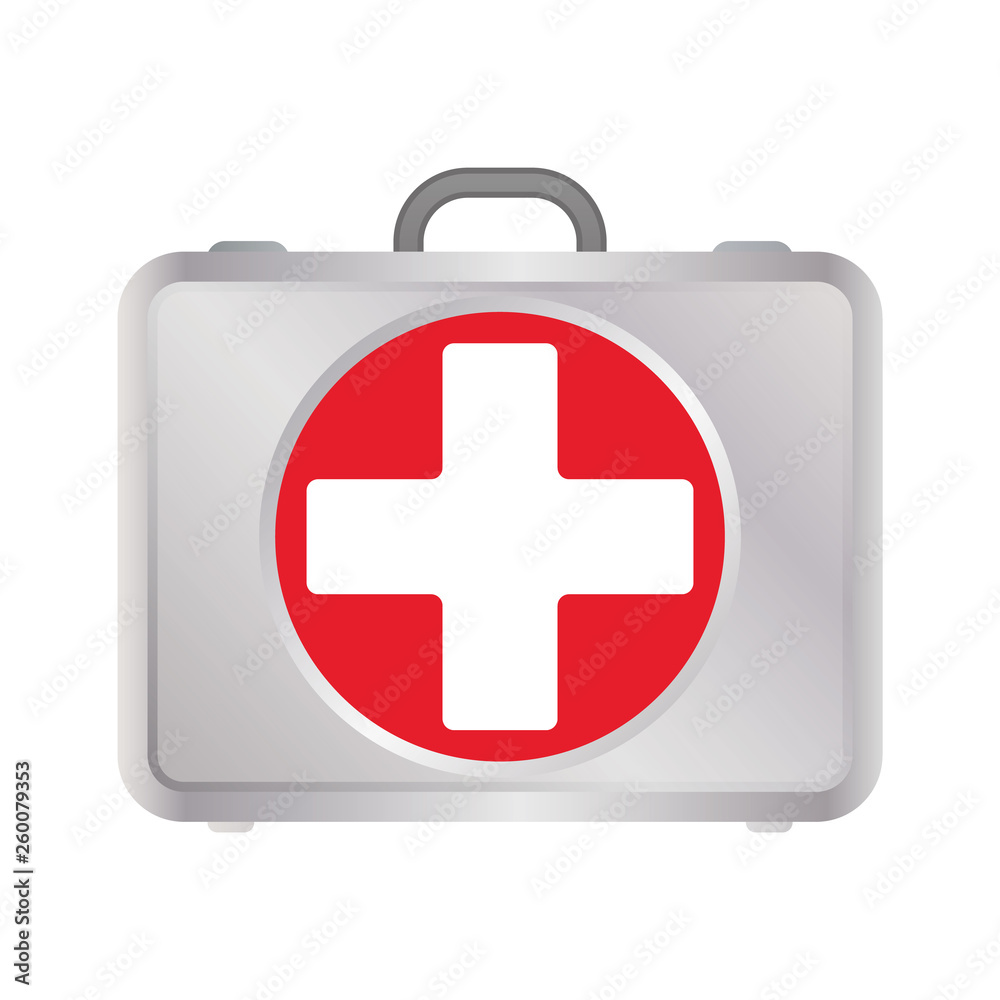 First AID kit in silver metall color with red cross. First AID kit in silver metall color with red cross.