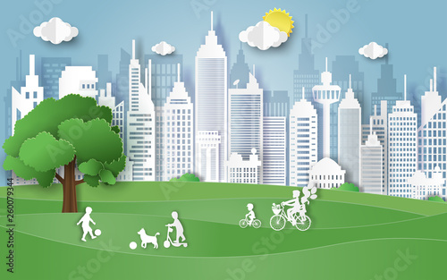 Ecology and environment conservation  city and nature landscape background,Save the earth and world environment day concept with family on park,Paper art style.
