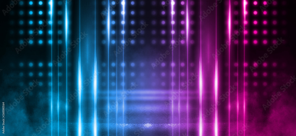 Empty background scene. Dark street, a reflection of blue and pink neon light on wet pavement. Rays of light in the dark, smoke. Night view of the street, the city. Abstract dark background.