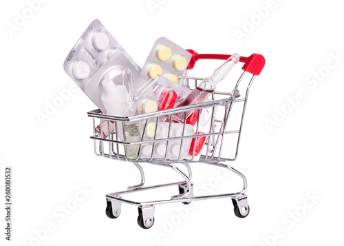 Drug basket isolate on white background. A grocery basket filled to the top with medicines. Buying drugs.