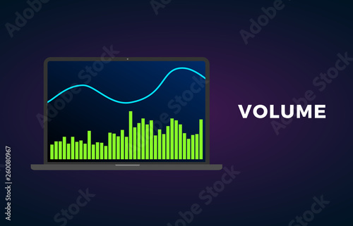 Volume indicator technical analysis. Vector stock and cryptocurrency exchange graph, forex analytics and trading market chart