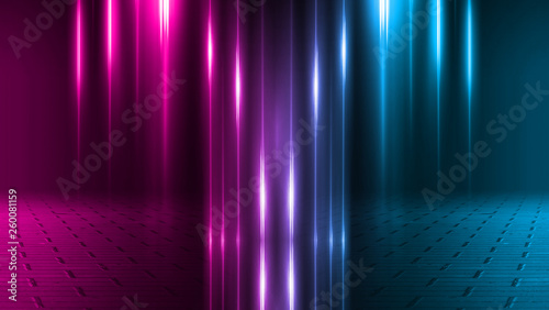 Empty background scene. Dark street, a reflection of blue and pink neon light on wet pavement. Rays of light in the dark, smoke. Night view of the street, the city. Abstract dark background.