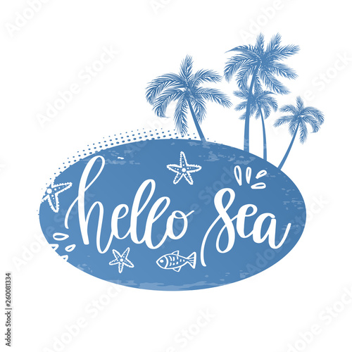 Vector illustration  Hand drawn palm trees on island with handwritten lettering of Summer.