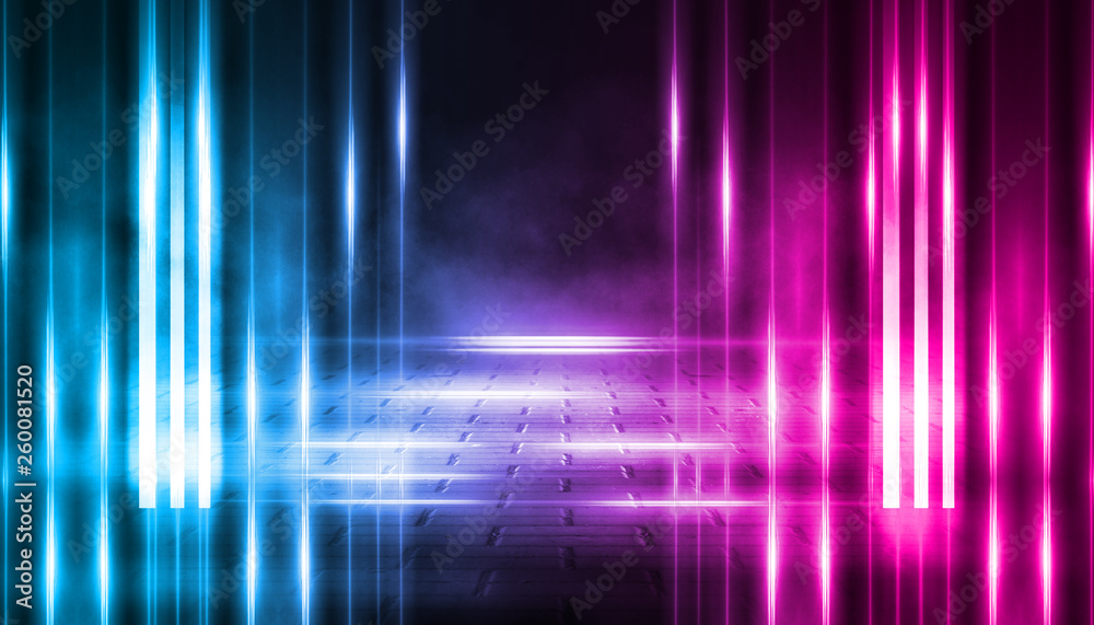 Empty background scene. Dark street, a reflection of blue and pink neon light on wet pavement. Rays of light in the dark, smoke. Night view of the street, the city. Abstract dark background. Empty background scene. Dark street, a reflection of blue and pink neon light on wet pavement. Rays of light in the dark, smoke. Night view of the street, the city. Abstract dark background.