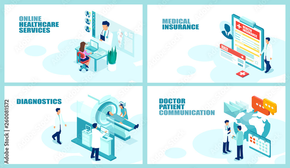 Isometric vector collage set for online medical services, healthcare insurance, imaging diagnostics and doctor communication.