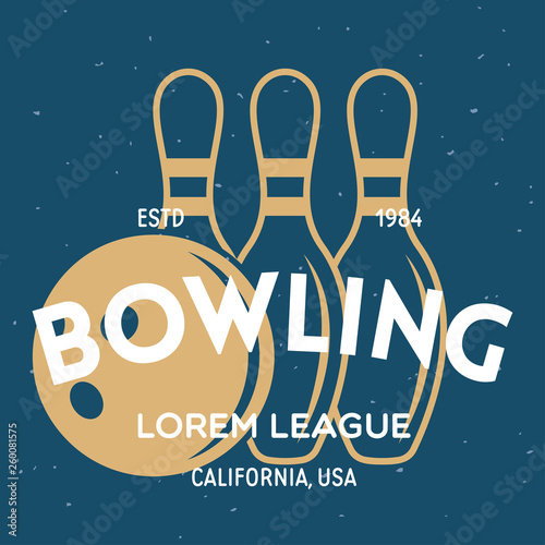 Vector vintage monochrome style bowling logo, icon, symbol. Bowling ball and bowling pins illustration. Trendy design elements.