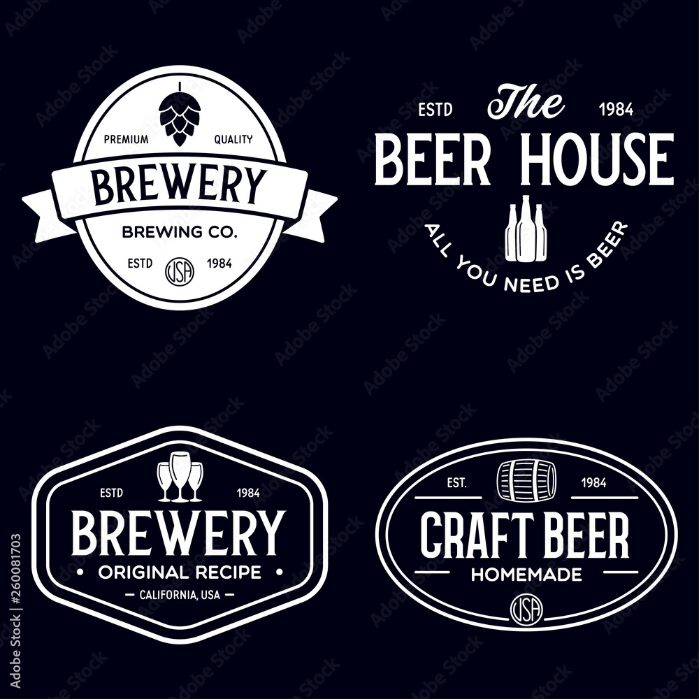 Obraz premium Set of vintage monochrome badge, logo templates and design elements for beer house, bar, pub, brewing company, brewery, tavern, restaurant.