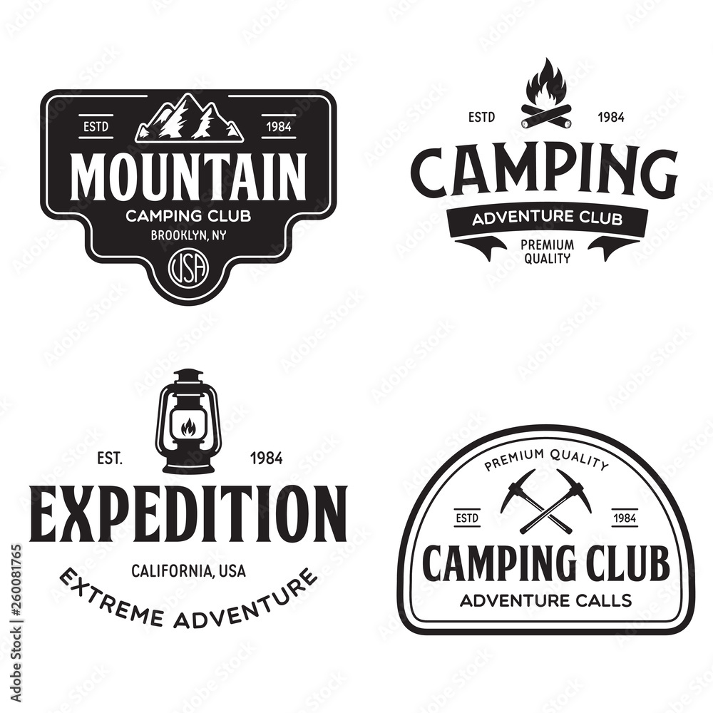 Obraz premium Summer camp with design elements. Camping and outdoor adventure emblems. Vintage typography design with mountain, lamp and campfire silhouette.