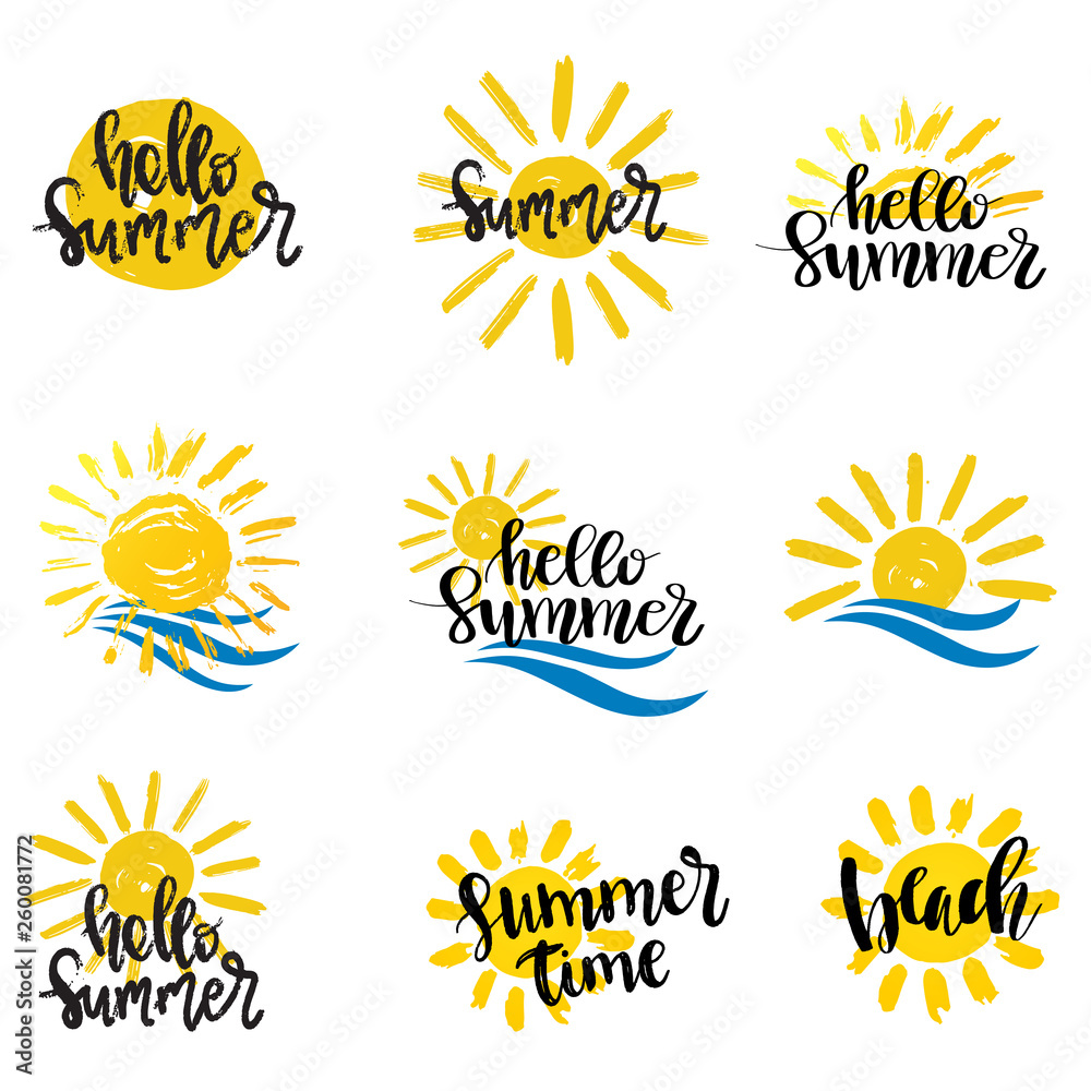 Fototapeta premium Summer hand drawn lettering elements set vector