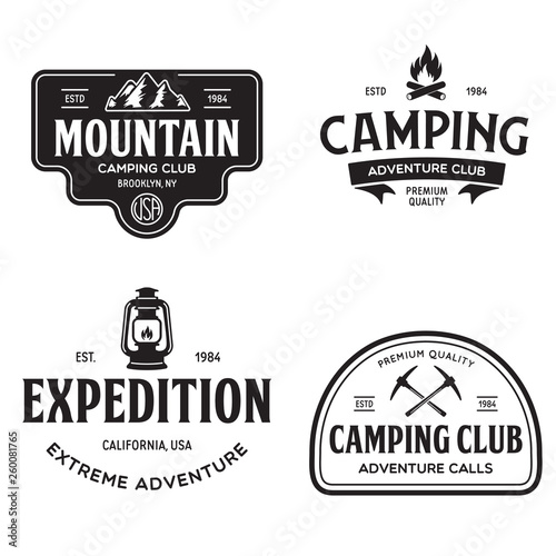 Summer camp with design elements. Camping and outdoor adventure emblems. Vintage typography design with mountain, lamp and campfire silhouette.
