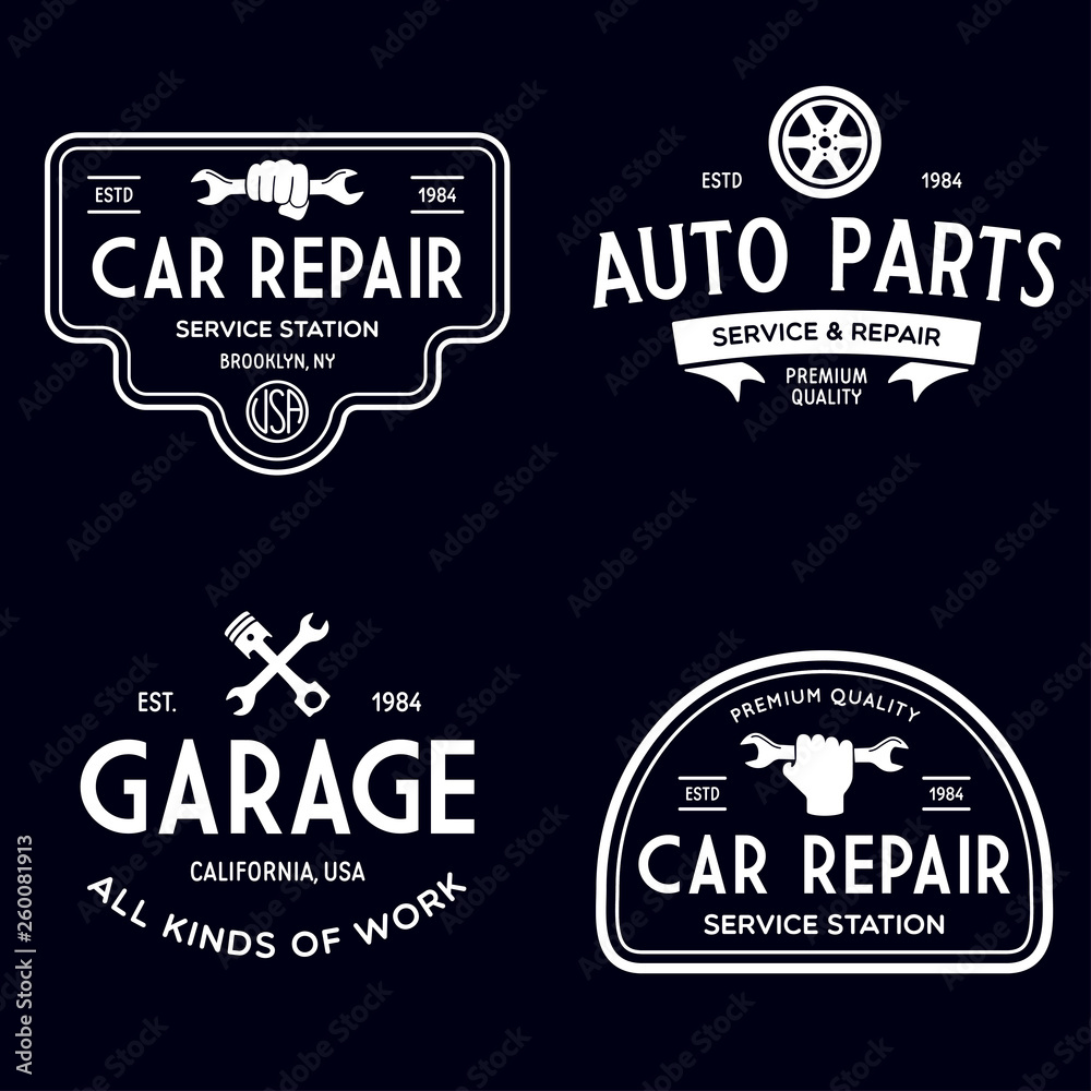 Set of vintage monochrome car repair service templates of emblems, labels, badges and logos. Service station auto parts tires shop mechanic on duty.