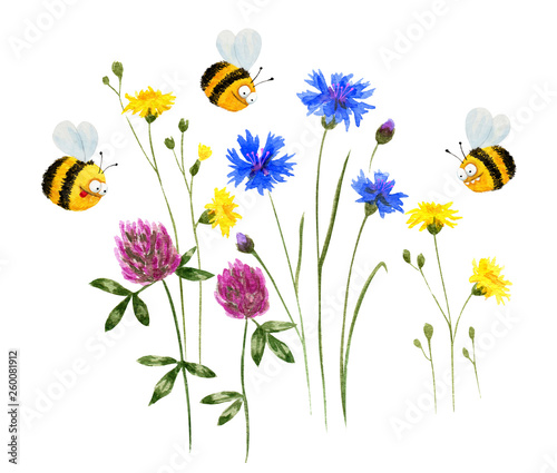 Funny bees and wild flowers. Hand drawn watercolor