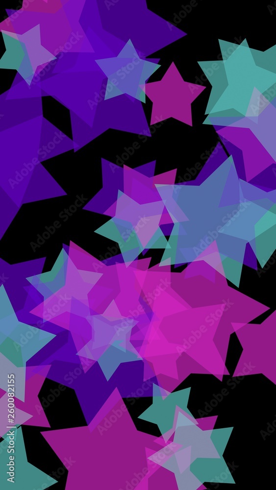 Multicolored translucent stars on a dark background. Vertical image orientation. 3D illustration Multicolored translucent stars on a dark background. Vertical image orientation. 3D illustration