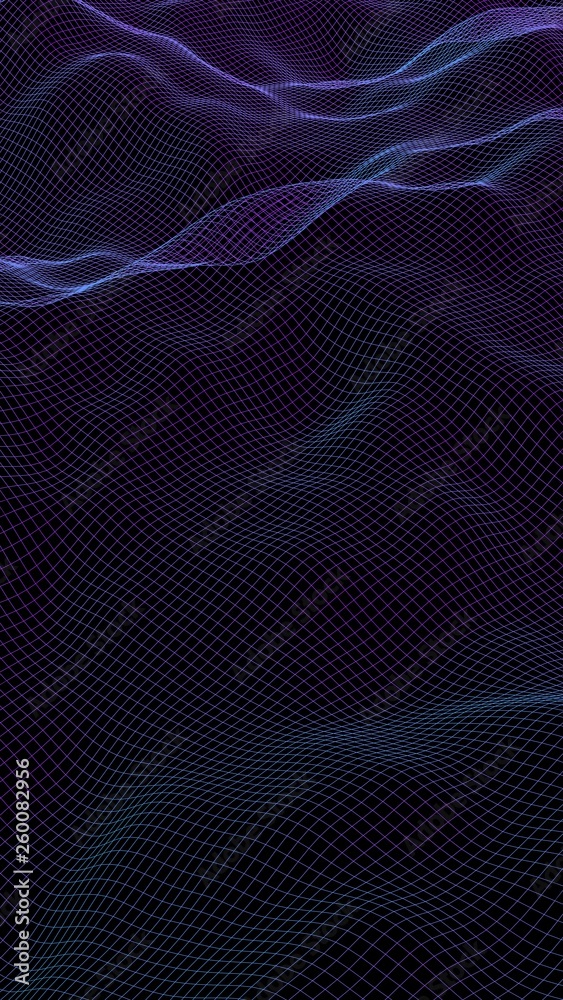 Abstract landscape on a dark background. Cyberspace purple grid. Hi-tech network. 3D illustration Abstract landscape on a dark background. Cyberspace purple grid. Hi-tech network. 3D illustration
