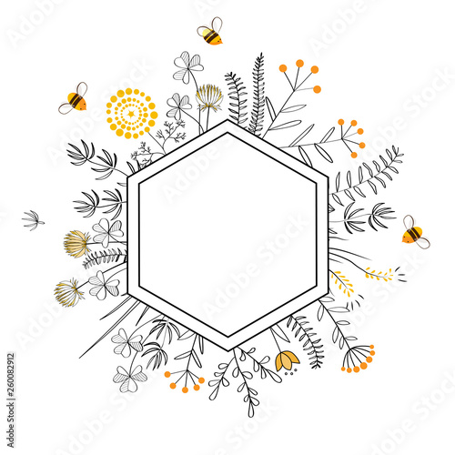 Frame with honey flowers and bees. Cartoon vector illustration