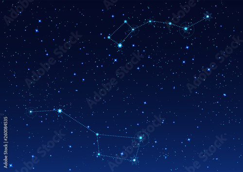 Big and Small Dipper constellation. Polar Star. Night starry sky