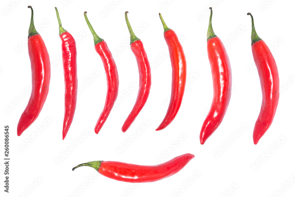 Various shapes of Red chilli peppers on white background