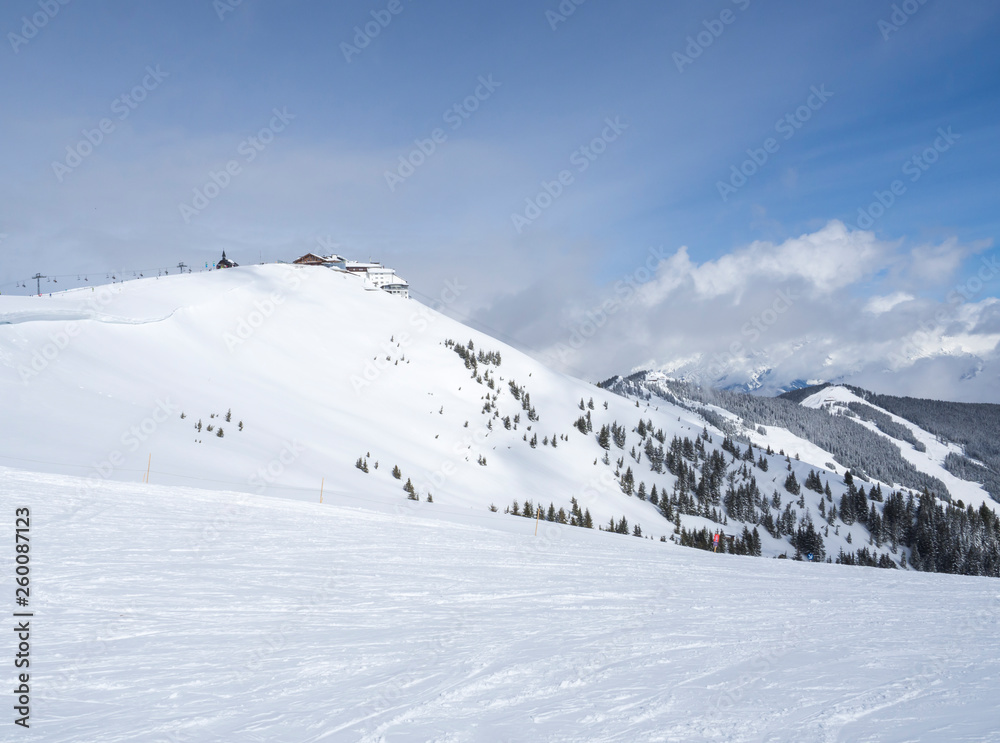 view on the top of Smittenhohe mountain at Kaprun ski area Blue sky sunny winter day view on the top of Smittenhohe mountain at Kaprun ski area Blue sky sunny winter day