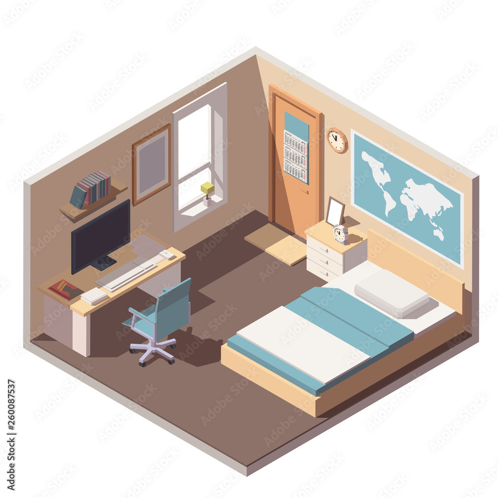 Vector isometric teenager room interior. Teenager or student room interior icon with bed, desk, computer, bookshelf and other room equipment and furniture