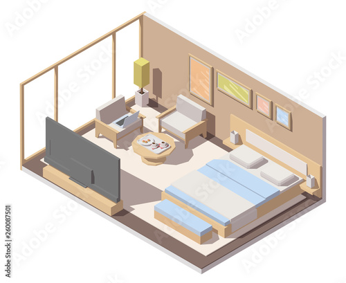 Vector isometric hotel room interior with double bed, big window, tv, chairs and table
