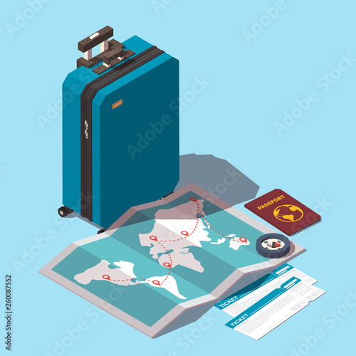 Vector isometric travel or tourism icon. Illustration with pasport, passenger luggage and others tourist and journey objects