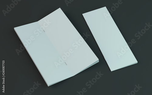 Blank brochure, magazine, booklet mockup isolated on dark background. 3D