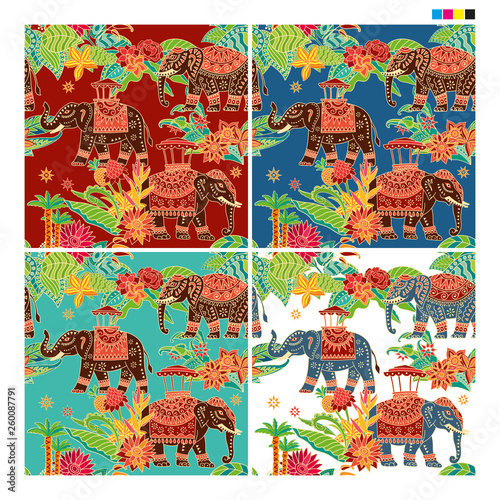 Floral seamless pattern. Thai ornaments, national elephants, flowers and leaves. Vector drawing