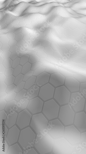Fototapeta Naklejka Na Ścianę i Meble -  White honeycomb with a gradient color on a light background. Perspective view on polygon look like honeycomb. Wavy surface. Isometric geometry. 3D illustration