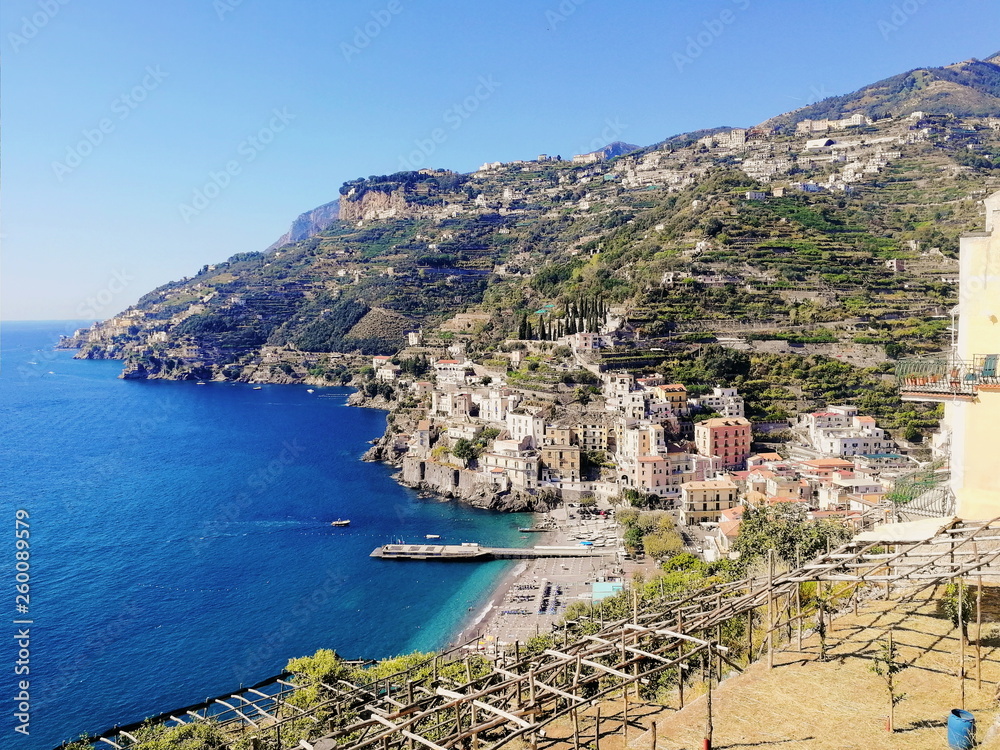Minori, Italy.  Amalfi Coast. View on the city, mountains, beach