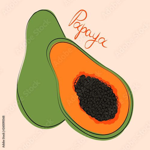 Vector illustration of whole and cut papaya on pastel orange background
