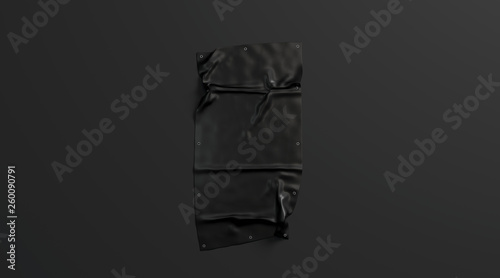 Blank black folded stretch banner mockup on dark background, 3d rendering. Empty vertical promotion display mock up. Clear signboard with bent for advert template.