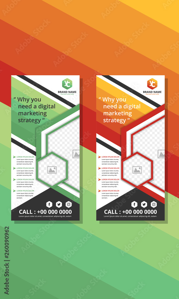 Template of vertical roll-up banner with hexagonal elements for a photo collage. green and orange colors design flyer for business and advertising. Vector illustration