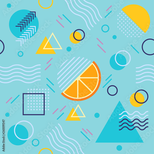 Seamless orange slice with geometric figures on blue background